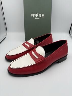 NIB FRERE Leather Penny Loafers Red White Made in Italy Men’s EU 45 US 12